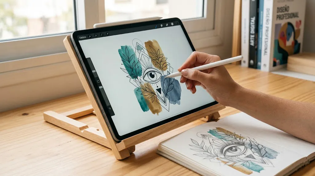 Una toma de primer plano que captura el momento preciso en que un Apple Pencil dibuja sobre la pantalla de un iPad Pro, mostrando la interfaz de Procreate con una ilustración compleja en proceso, combinando bocetos a lápiz visibles con bloques de color definidos, sobre un escritorio de madera en un estudio creativo iluminado con luz natural.