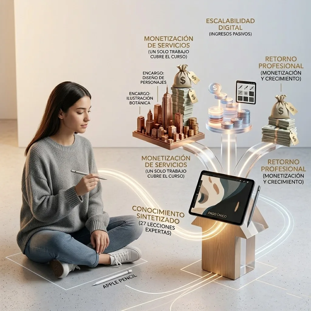 Imagen conceptual fotorrealista de una artista digital con guante de dibujo, conectada por líneas de luz a un iPad y a iconos flotantes que representan ingresos globales, productos físicos, escalabilidad digital y marketing creativo.