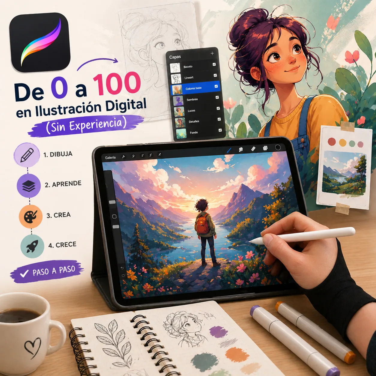 Ilustración destacada de curso de Procreate mostrando tablet con dibujo digital en progreso, herramientas creativas y proceso paso a paso para aprender ilustración desde cero.