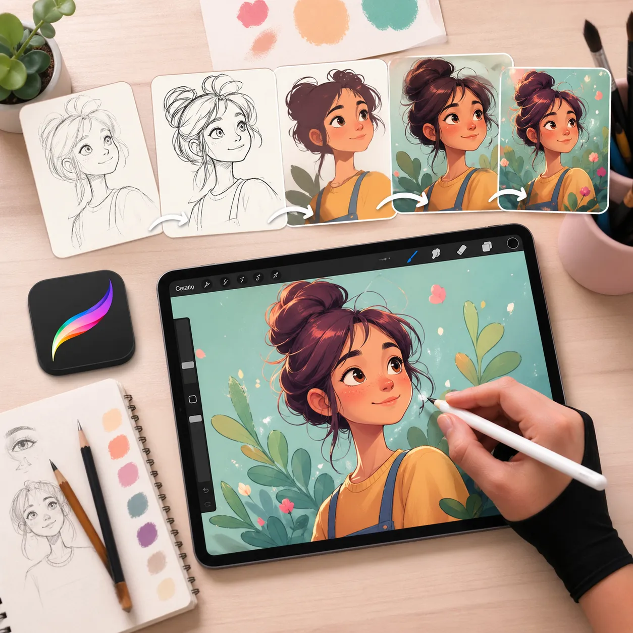 Ilustración digital en tablet mostrando el proceso paso a paso desde boceto hasta arte final en Procreate, con herramientas de dibujo y espacio creativo alrededor.