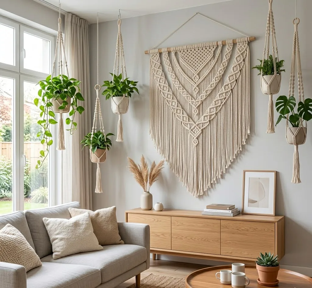 Una sala de estar moderna con decoración minimalista donde destaca un gran tapiz de macramé en la pared y varias plantas colgantes en soportes tejidos, creando un ambiente acogedor.
