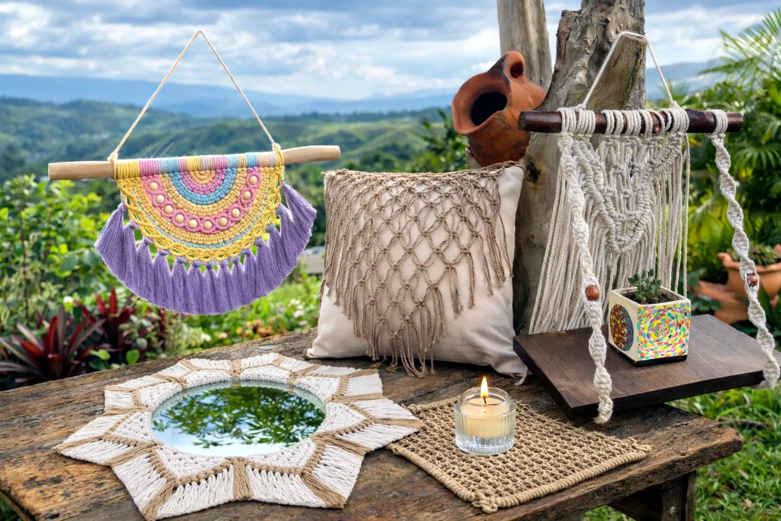 Composición de decoración en macramé artesanal estilo boho con colgante, espejo, cojín, estante y tapete sobre fondo natural al aire libre.