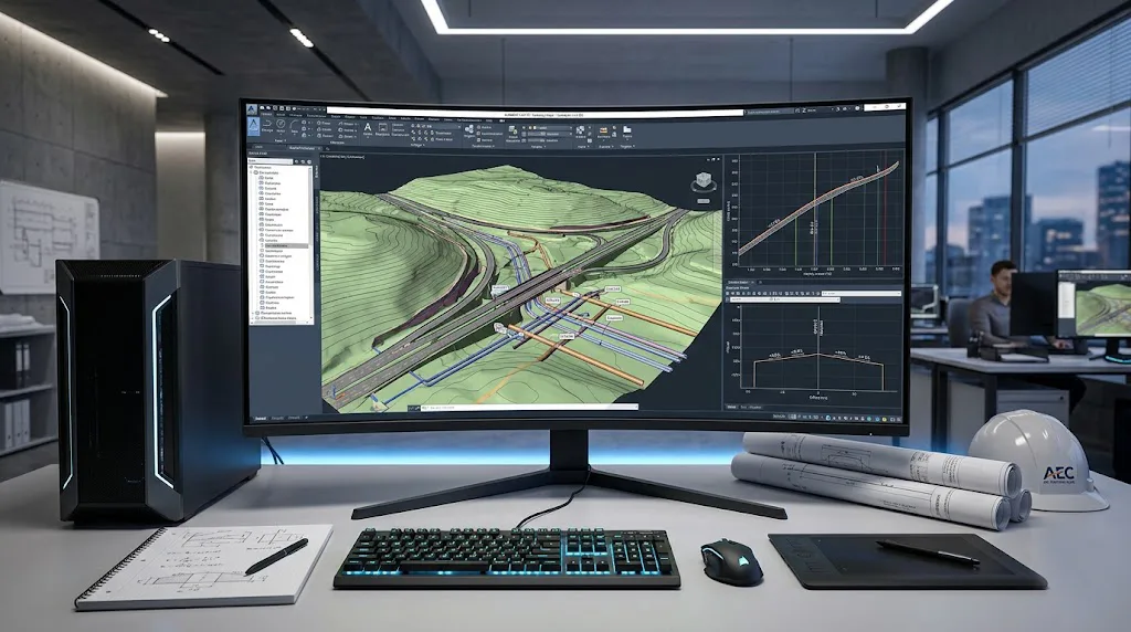 Un entorno de diseño profesional con un monitor de alta resolución ejecutando Autodesk Civil 3D, mostrando un modelo complejo de infraestructura con superficies, carreteras y redes de tuberías en una oficina técnica moderna.