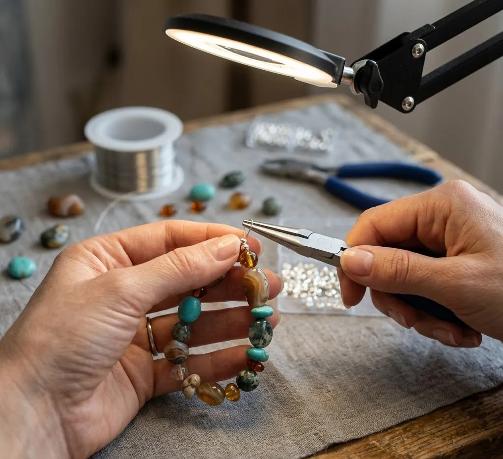 Primer plano fotorrealista de unas manos realizando un cierre de seguridad en una pulsera de piedras naturales utilizando pinzas de punta fina bajo una lámpara de taller.