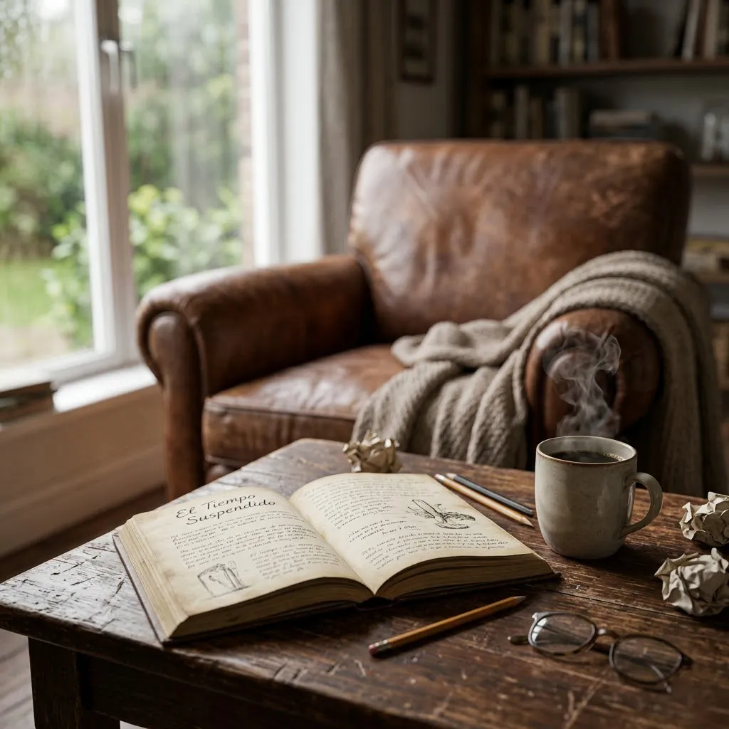 Un plano de detalle fotorrealista de un rincón de lectura. El enfoque está en un libro abierto sobre una mesa de madera desgastada y una taza de café humeante, con una butaca de cuero y una ventana de fondo desenfocada, sugiriendo un momento de pausa y quietud.