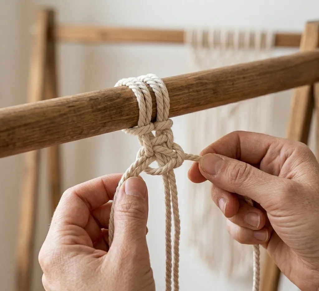 Primer plano fotorrealista de unas manos realizando un nudo festón con cordón de algodón de 4mm, mostrando la textura de la fibra y la precisión del movimiento.