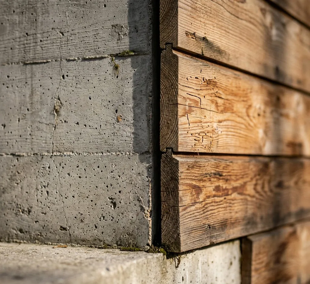 Primer plano fotorrealista de un detalle constructivo donde se aprecia la textura de madera natural y hormigón visto, con sutiles imperfecciones y un juego de luces y sombras profundas.