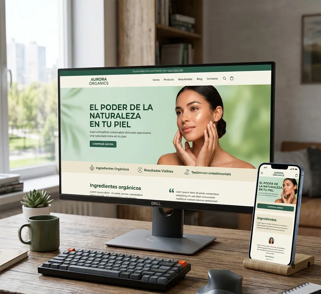Un monitor de computadora y un smartphone al lado mostrando el mismo diseño de landing page adaptado a ambos tamaños de pantalla.