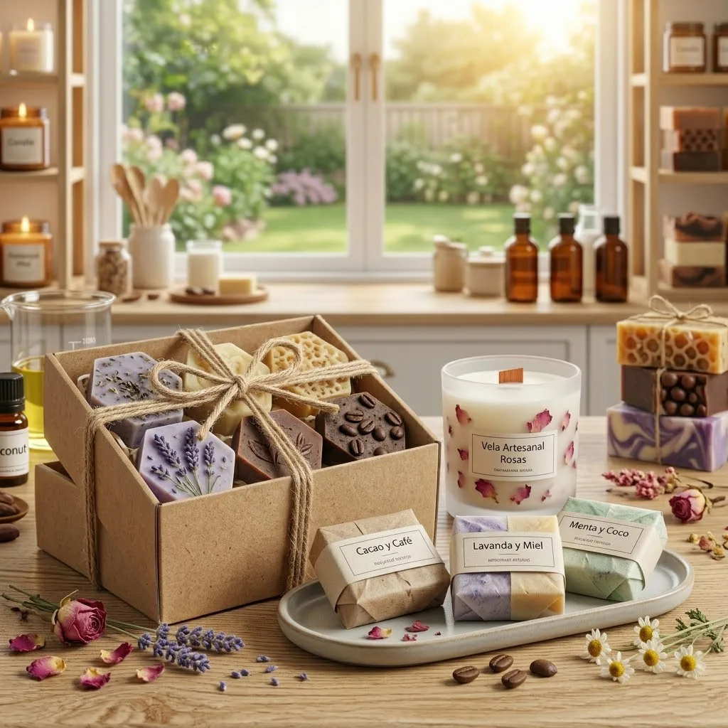 Un conjunto de velas y jabones artesanales presentados con un packaging elegante y profesional, usando papel reciclado, etiquetas minimalistas y cordones de fibra natural en un ambiente de diseño limpio.
