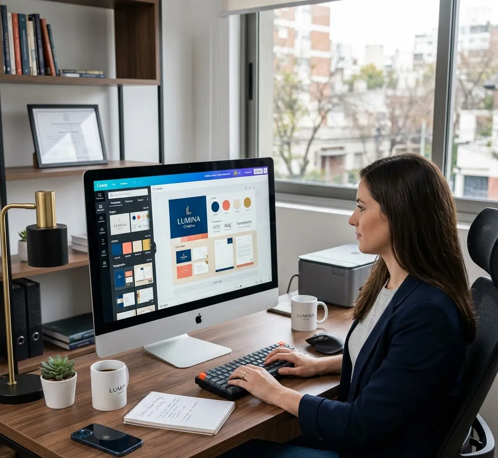Un escritorio de oficina moderno con una computadora mostrando la interfaz de Canva con un diseño de identidad corporativa profesional en pantalla.
