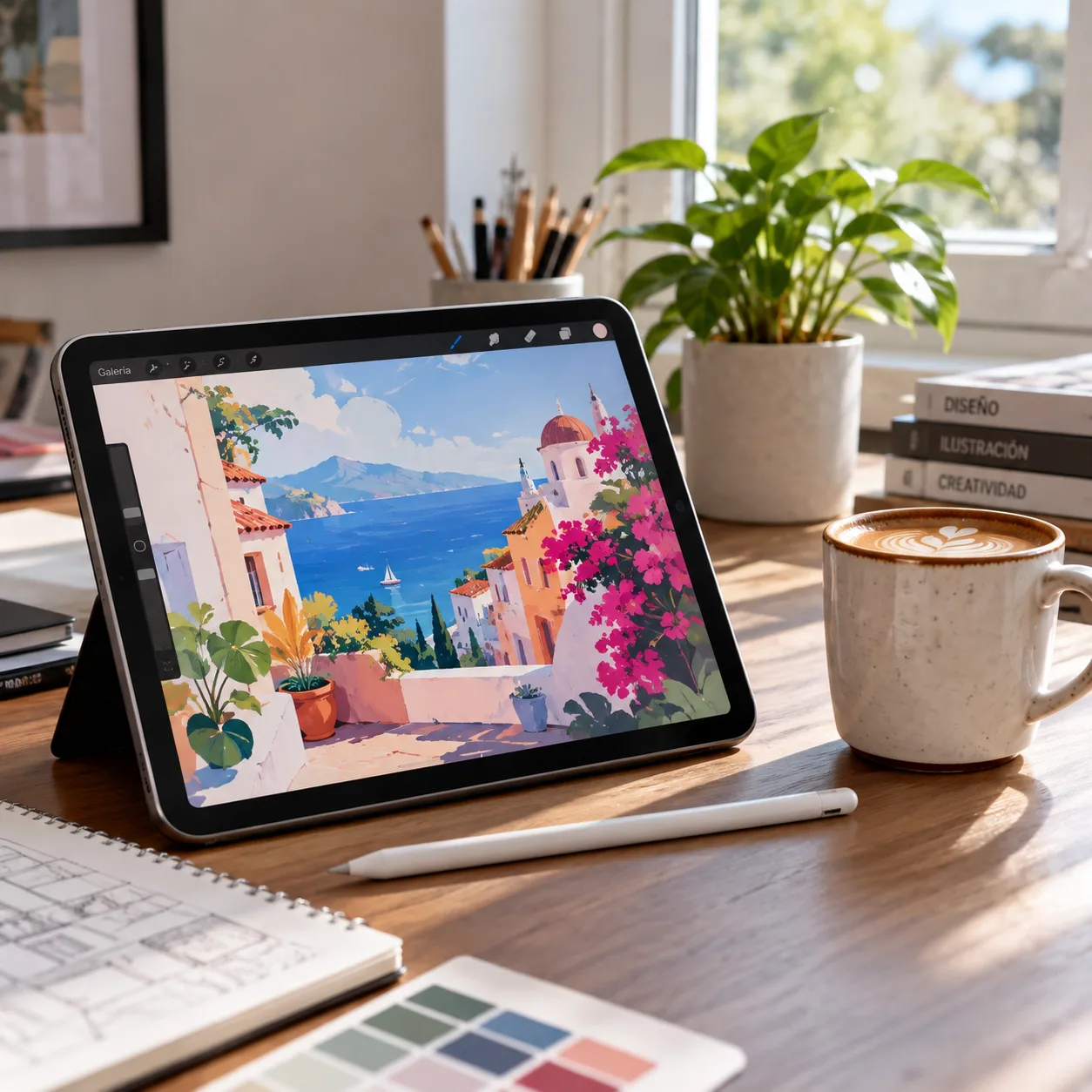 Fotografía fotorrealista de un espacio de trabajo de diseño limpio y ordenado, con un iPad mostrando una ilustración colorida junto a una taza de café y luz natural.