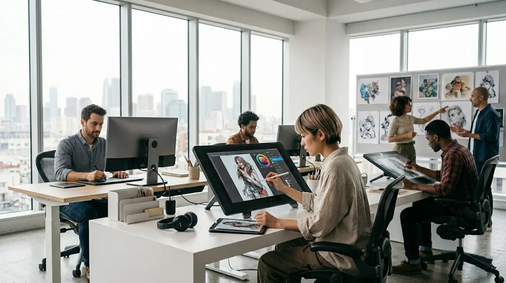 Fotografía de un estudio de arte digital moderno y luminoso, donde una artista japonesa con cabello corto ilustra en una gran tableta Wacom Cintiq, rodeada de otros creativos trabajando en un entorno colaborativo con vistas a la ciudad.
