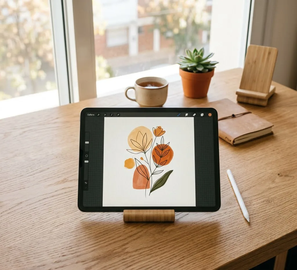 Un escritorio de madera minimalista y bien iluminado donde se ve un iPad Pro con un Apple Pencil apoyado a un lado, mostrando una interfaz de ilustración digital limpia con colores cálidos.