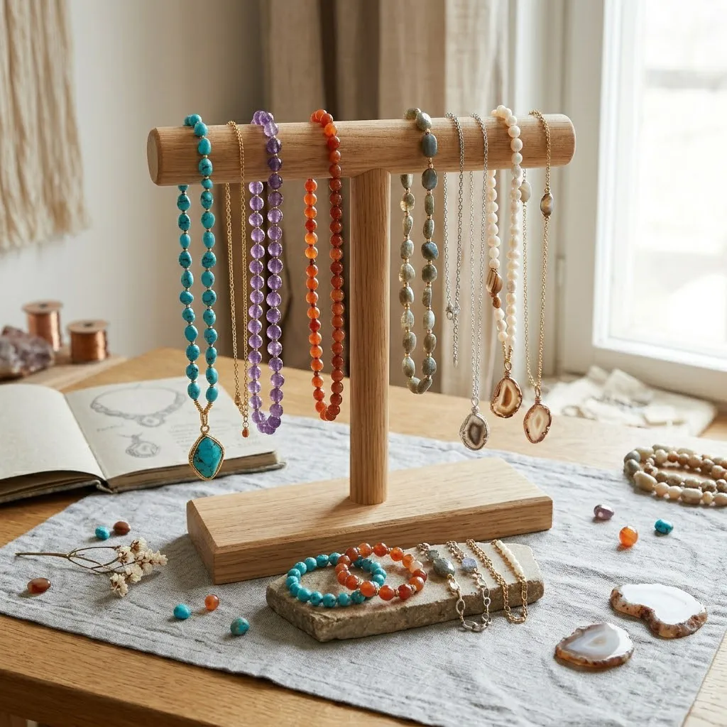 Un soporte de exhibición elegante con varios collares y pulseras en armonía cromática, iluminado suavemente para resaltar los brillos del cristal y el metal.