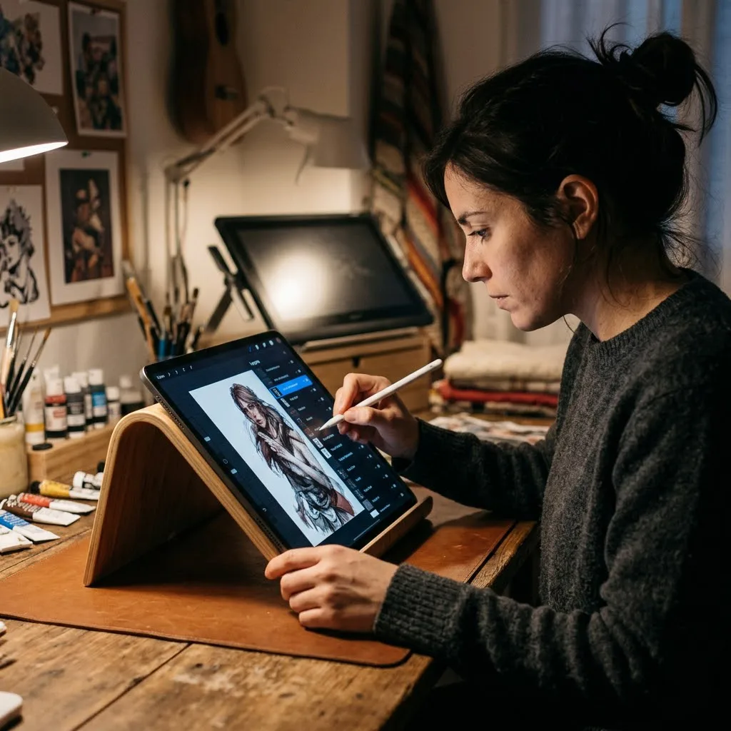 Fotografía de alta calidad de una artista digital trabajando en un ambiente de estudio iluminado tenuemente; en la pantalla del iPad se aprecia un proceso de ilustración profesional organizado por capas y máscaras de recorte.