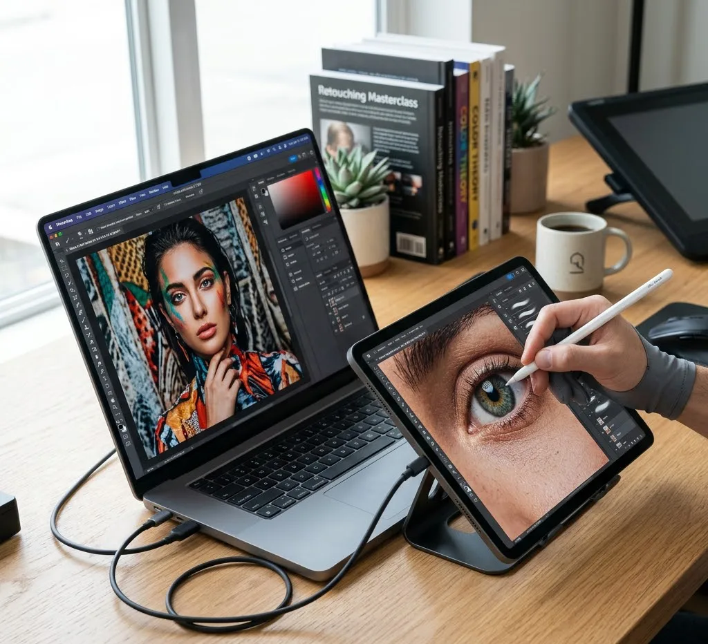 Un escritorio de diseño donde un iPad está conectado a una MacBook Pro, funcionando como segunda pantalla para retocar una fotografía profesional con el lápiz óptico.