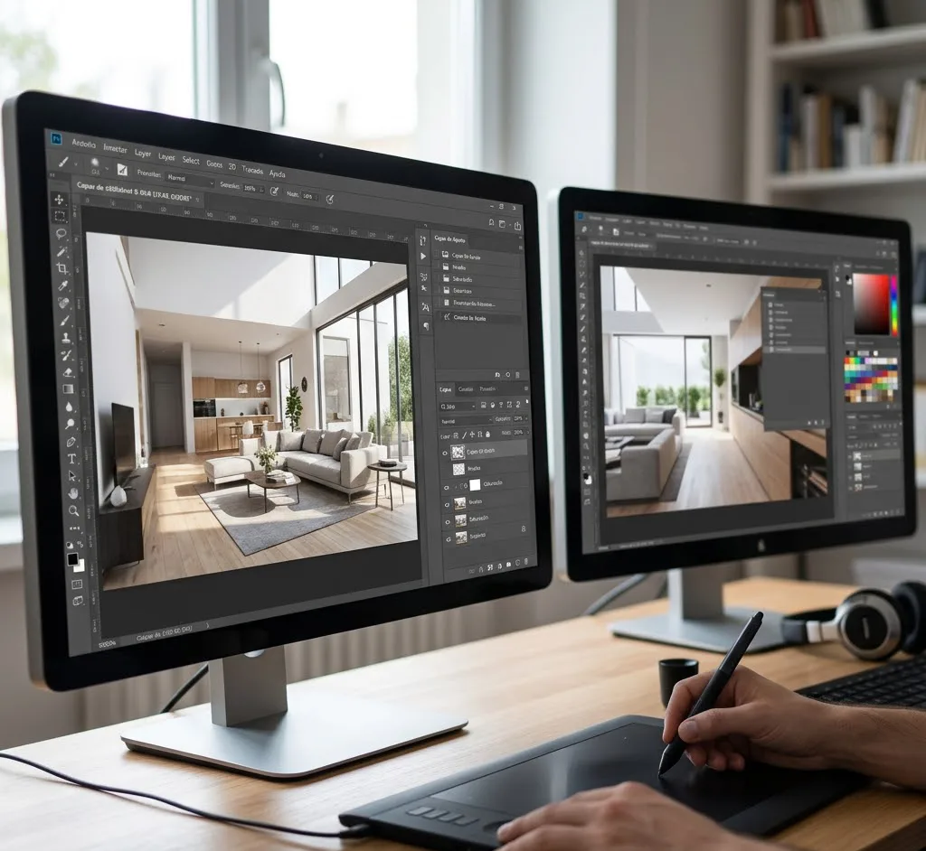 Escritorio de trabajo profesional con dos monitores que muestran el proceso de postproducción de un render arquitectónico en Photoshop, incluyendo paneles de capas, pinceles digitales y una tableta gráfica en uso.