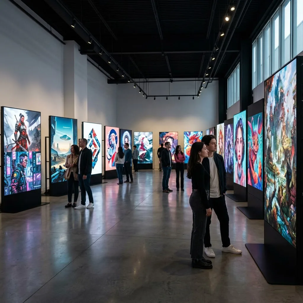 Una galería de arte moderna y minimalista con grandes pantallas LED verticales que exhiben obras de arte digital vibrantes y detalladas, con visitantes observando la calidad de los trazos.