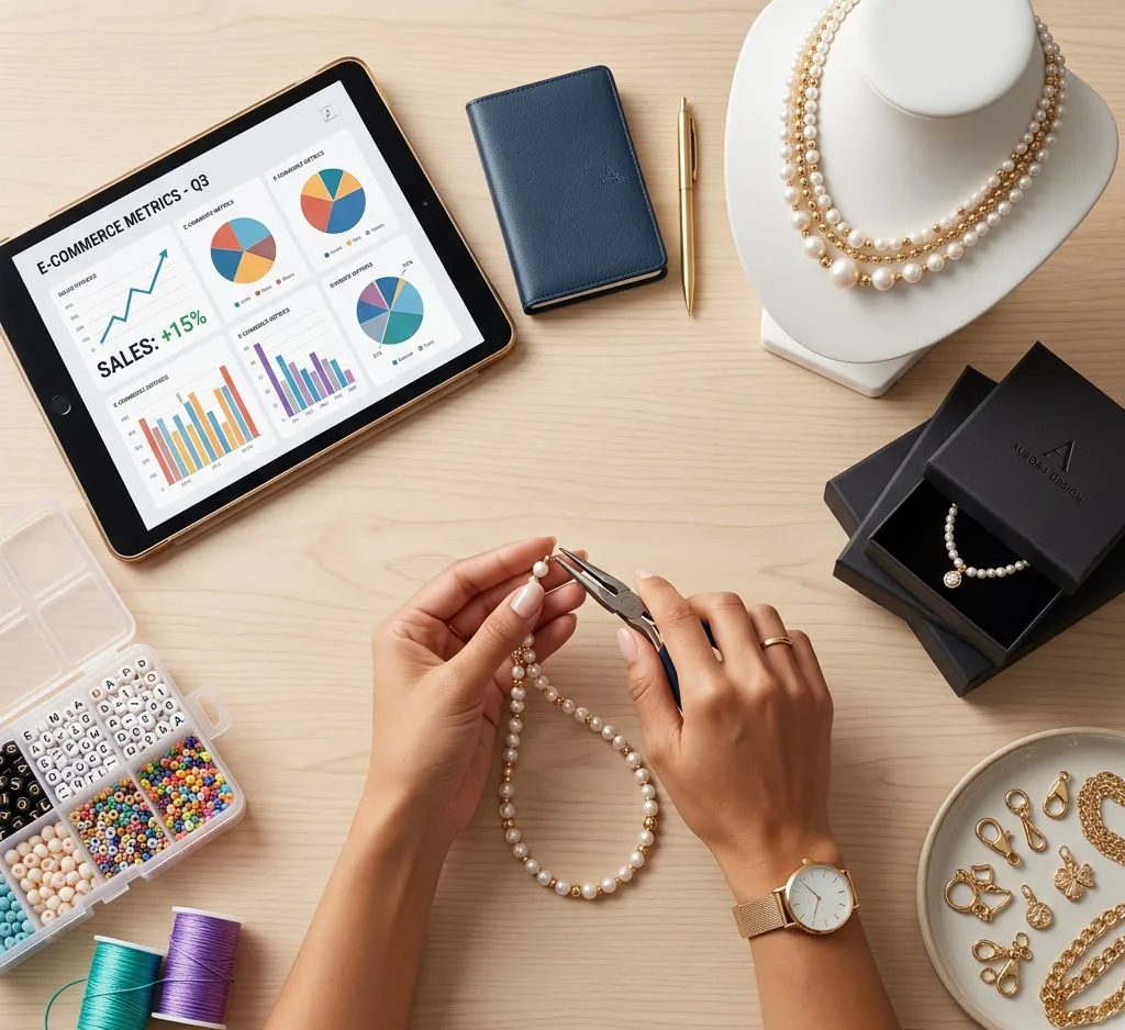 Vista cenital (flat lay) en formato 1:1 de una mesa de trabajo de diseño de joyas. Se ven unas manos utilizando pinzas de precisión para ensamblar un collar de perlas, luciendo un reloj dorado elegante. En la mesa conviven elementos técnicos como hilos, cuentas y fornituras metálicas, con herramientas de gestión empresarial como una tablet que muestra gráficos de ventas y métricas, una libreta de cuero azul y cajas de empaque premium para marca de autor.