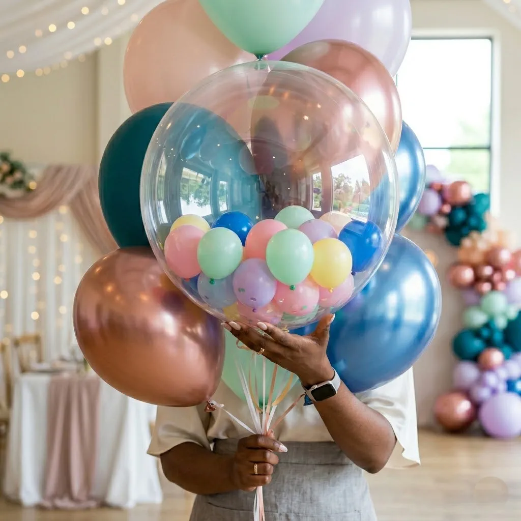 Fotografía de globos tipo Bubble totalmente transparentes, inflados a la perfección sin arrugas, con pequeños globos de colores en su interior.