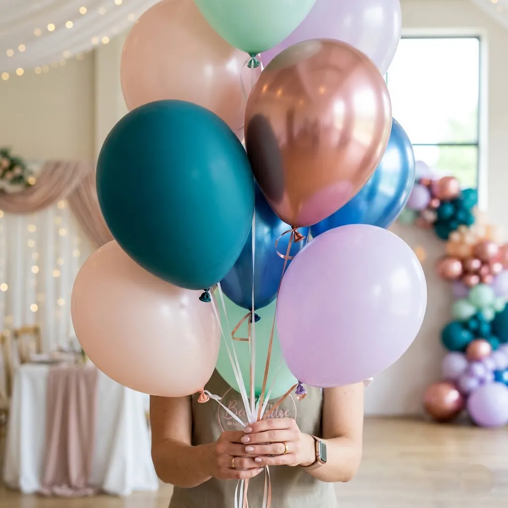 Primer plano de globos de látex profesionales en acabados mate, chrome y pastel, mostrando texturas suaves y colores uniformes de alta calidad.