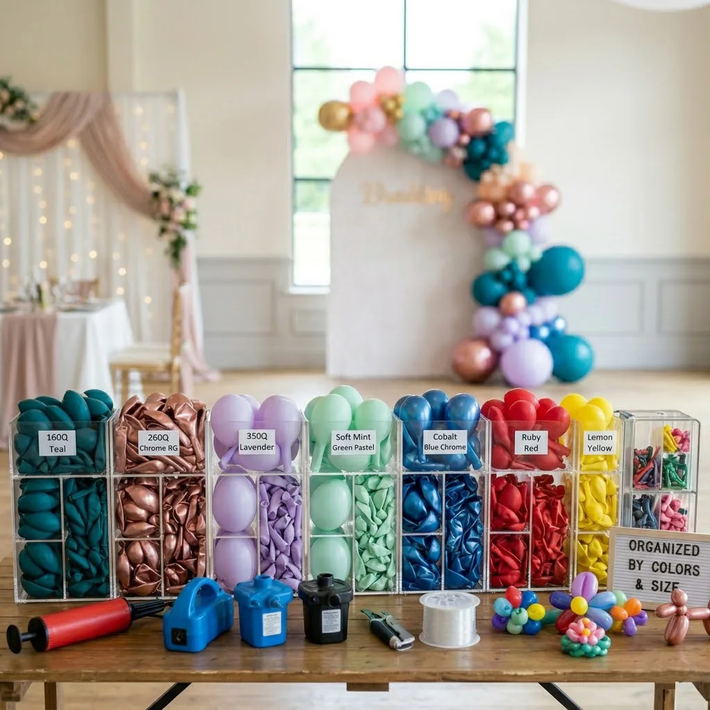 Set de globos de modelado profesionales de distintos tamaños organizados por colores, listos para ser usados en la creación de detalles estructurales.