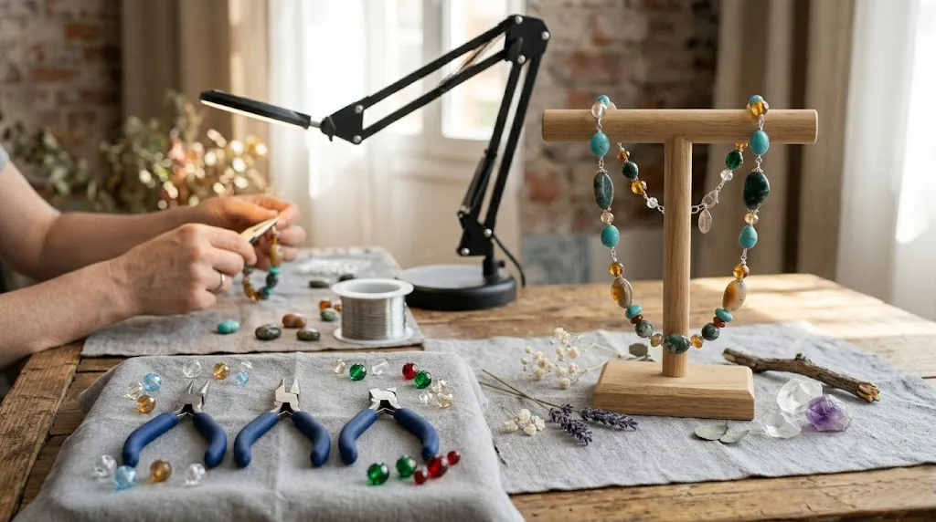 Composición de taller de bisutería artesanal que muestra el proceso completo: pinzas profesionales alineadas, manos de una artesana ensamblando una pulsera bajo luz técnica y un collar terminado expuesto en un soporte de madera minimalista.