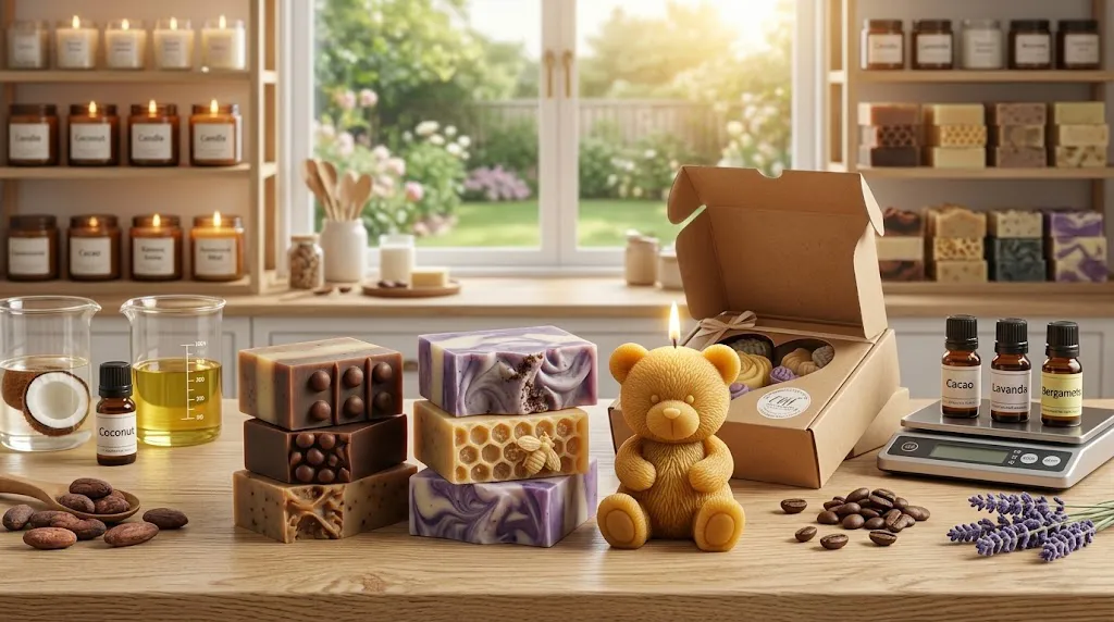 Bodegón fotorrealista de alta calidad en un taller artesanal iluminado. Se muestran pilas de jabones artesanales de cacao, lavanda y miel con texturas detalladas, una vela de cera de abeja con forma de oso, aceites esenciales, una balanza de precisión y un empaque de regalo ecológico sobre una mesa de madera clara.