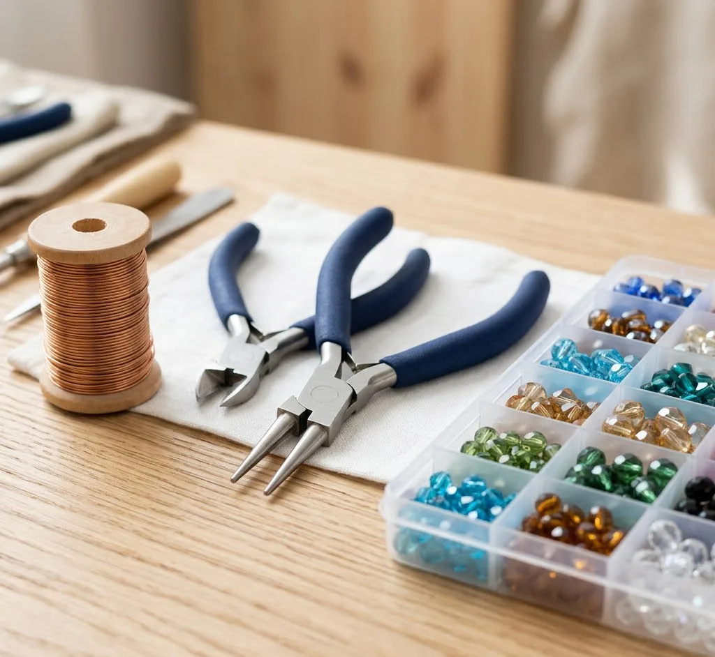 Primer plano de herramientas de bisutería de alta calidad sobre una mesa de madera clara, incluyendo pinzas de punta redonda, alambre de cobre y cuentas de cristal organizadas.