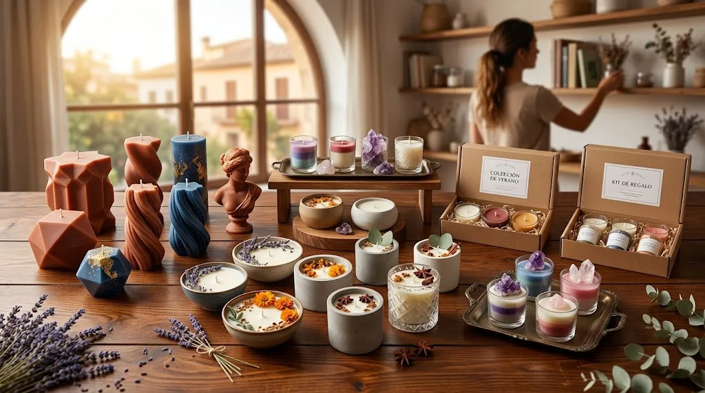 Una amplia mesa de madera que muestra una colección diversa de velas artesanales de alta gama: velas escultóricas con formas geométricas y bustos clásicos, velas en cuencos de cemento y cerámica decoradas con flores secas y cristales, y kits de regalo en cajas de cartón reciclado. Al fondo, se observa de forma desenfocada una artesana organizando estantes en un taller cálido e iluminado por el sol.