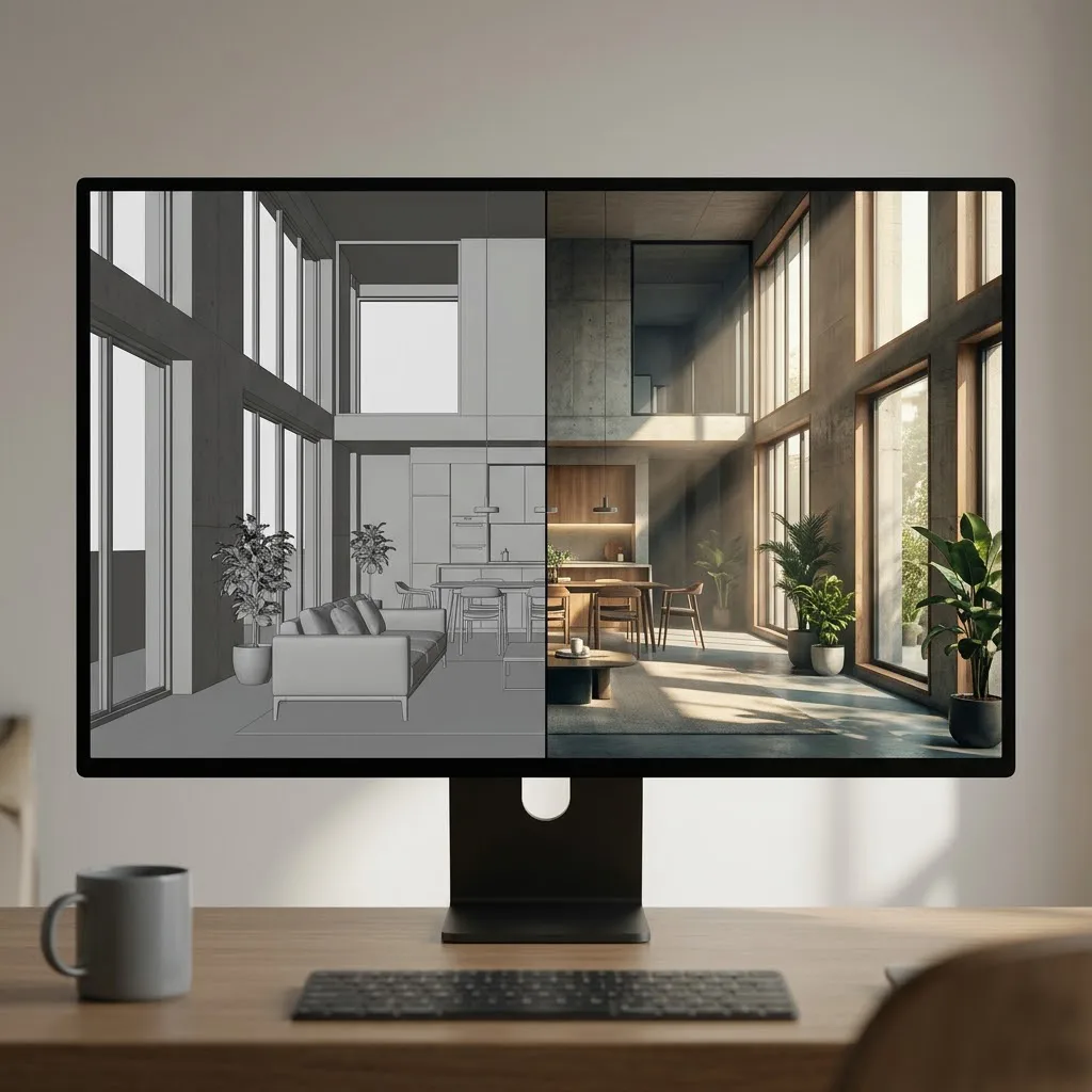 Una comparación de pantalla dividida mostrando a la izquierda un render base sin editar y a la derecha el mismo render tras un proceso de postproducción con iluminación global mejorada y corrección de color.