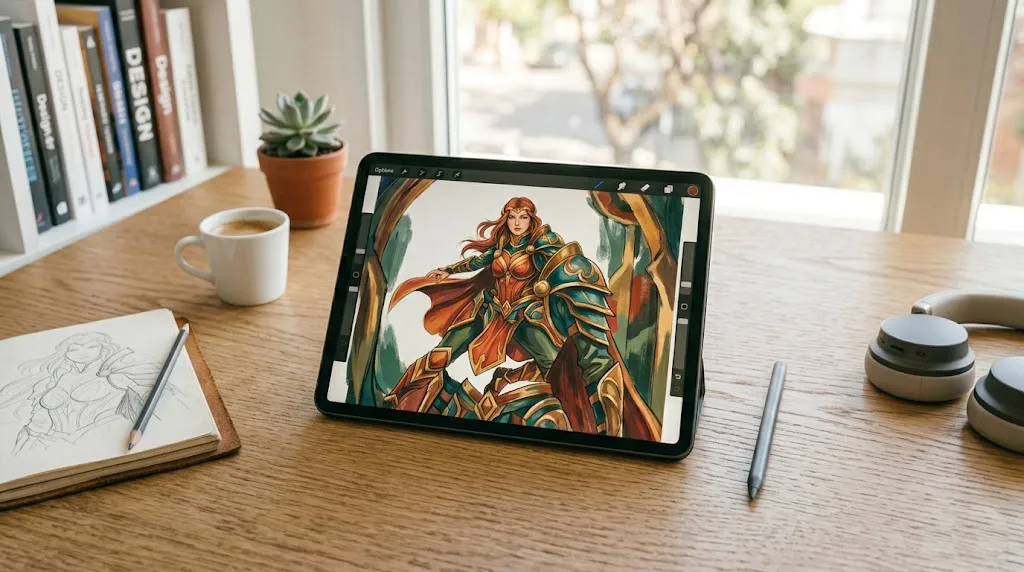 Una toma fotorrealista de ángulo alto que muestra un iPad Pro Space Gray con un Apple Pencil a su lado, descansando sobre un escritorio de madera de roble limpio. La pantalla del iPad está activa, mostrando una ilustración compleja y profesional de una guerrera con armadura detallada, creada en Procreate con una paleta de colores vibrantes y cálidos, rodeada de un entorno de estudio creativo con libros de diseño y una planta suculenta desenfocada.