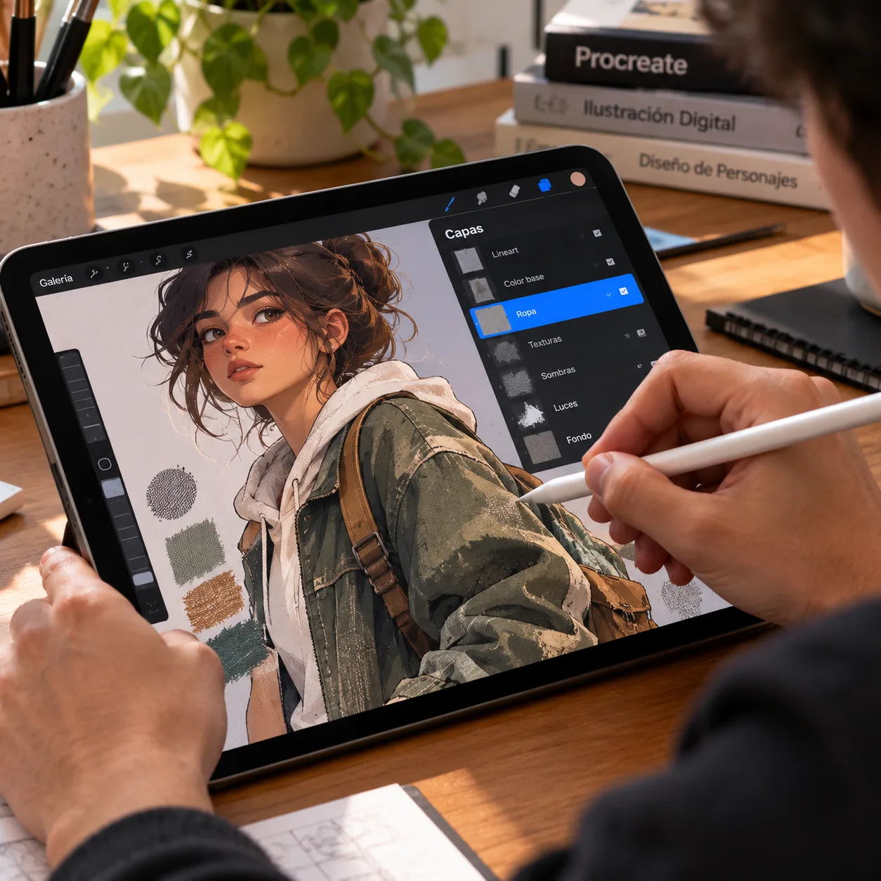 Plano medio fotorrealista de las manos de un artista aplicando texturas digitales a la ropa de un personaje en la pantalla de un iPad.