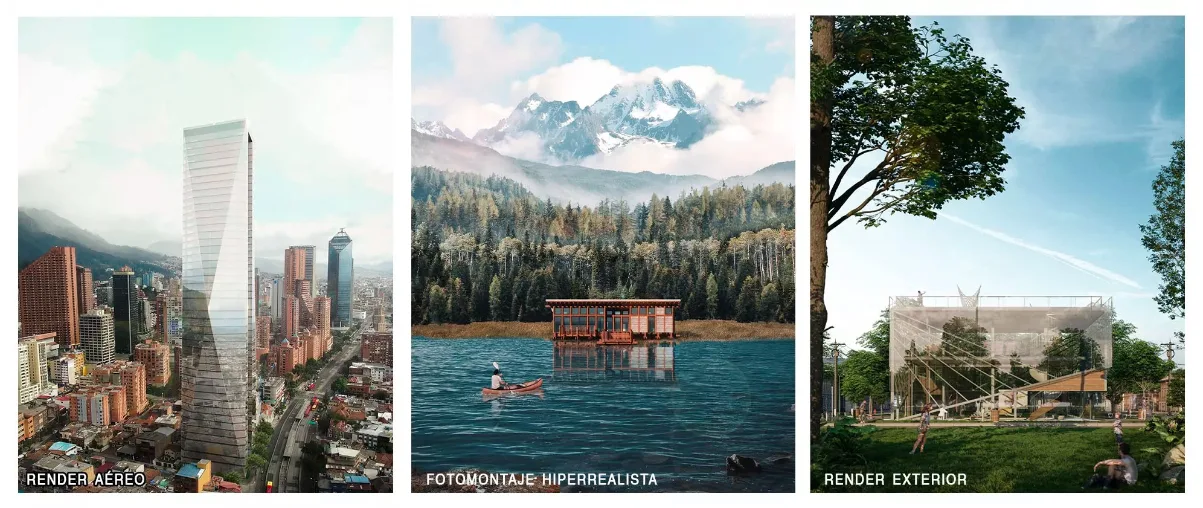 Un tríptico que muestra diversas técnicas de visualización arquitectónica avanzada. A la izquierda, un Render Aéreo de un rascacielos moderno y facetado integrado en un entorno urbano denso. En el centro, un Fotomontaje Hiperrealista de una cabaña de madera sobre un lago cristalino, con montañas nevadas y bosques de pinos al fondo. A la derecha, un Render Exterior de una estructura contemporánea con malla metálica en un parque, bajo un cielo azul con estelas de aviones.