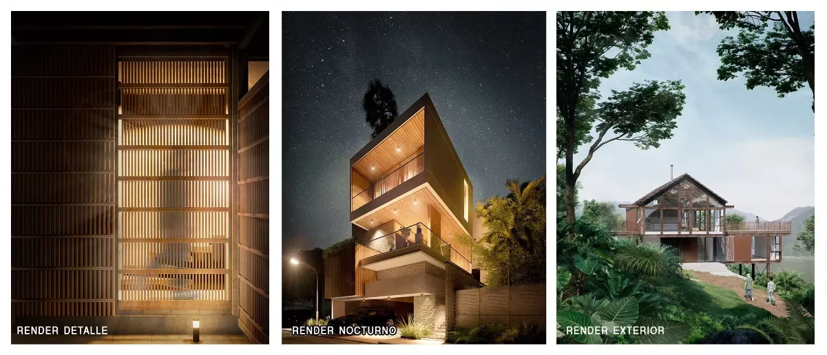 Un tríptico de tres visualizaciones arquitectónicas. La imagen de la izquierda, titulada "RENDER DETALLE", muestra un plano de detalle de una pared de pantalla de madera iluminada desde atrás. La imagen central, titulada "RENDER NOCTURNO", muestra una casa moderna de varios niveles con un revestimiento de madera cálida bajo un cielo estrellado dramático. La imagen de la derecha, titulada "RENDER EXTERIOR", presenta una casa rústica de estructura A enclavada en una exuberante ladera de montaña boscosa con vistas a un lago.