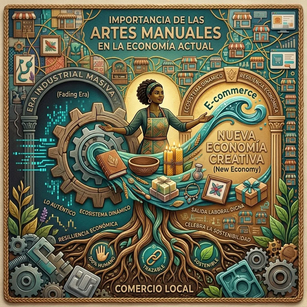 Ilustración conceptual y vistosa que resume la importancia de las artes manuales en la economía actual. La imagen muestra la transición de la "era industrial masiva", representada por engranajes oxidados, a la "nueva economía creativa" y el "E-commerce", representados por una artesana sonriente creando productos únicos (velas, jabones, libros). La artesana es el puente central, con raíces que bajan hacia el "comercio local" y suben hacia el crecimiento sostenible y la resiliencia económica. Incluye textos clave como "Sostenible", "100% Humano" y "Salida Laboral Digna" integrados en la composición.