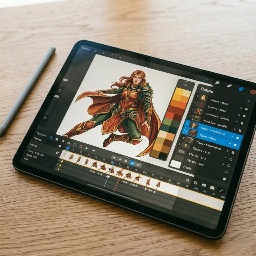 Una pantalla de tablet mostrando la línea de tiempo de una animación sencilla de un personaje, con capas organizadas y una paleta de colores vibrantes y cálidos.