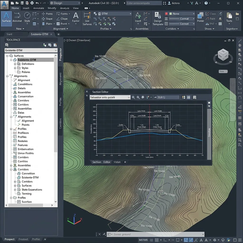 Vista detallada de la interfaz de Autodesk Civil 3D mostrando el Toolspace, una superficie de terreno con curvas de nivel y el editor de secciones transversales en un entorno de diseño de ingeniería civil.