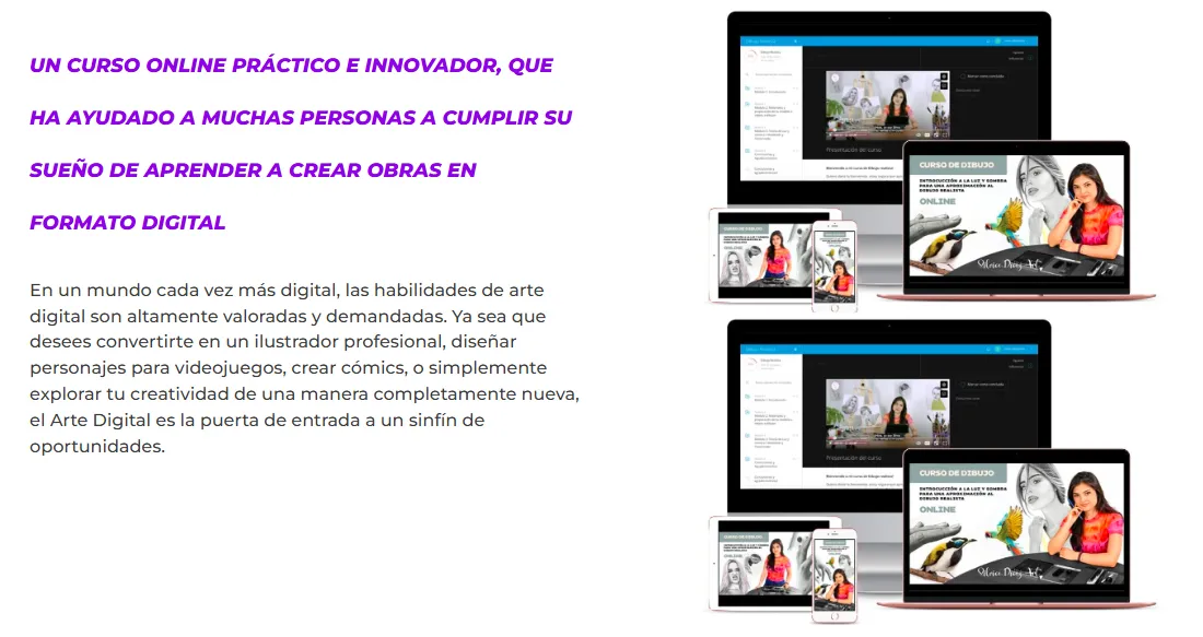 Interfaz del curso online de arte digital mostrada en una computadora portátil, tableta y teléfono móvil, con la instructora Silvia Díaz enseñando técnicas de dibujo en Procreate y realismo.