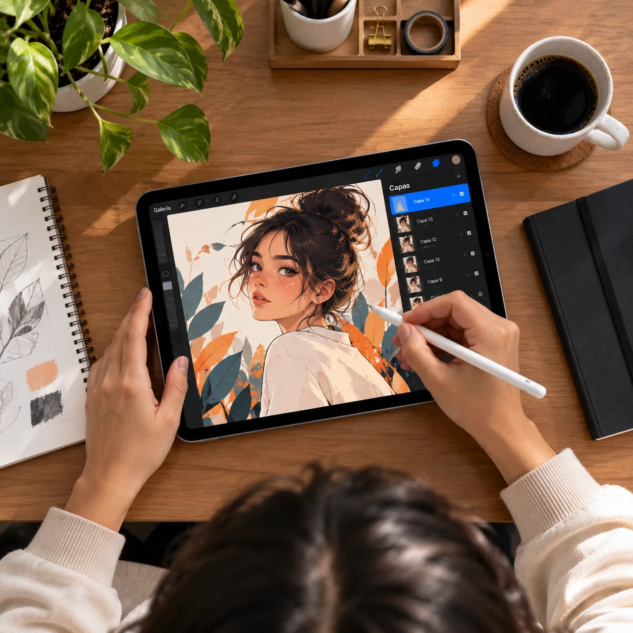 Vista superior fotorrealista de una persona utilizando Procreate en un iPad con un lápiz digital, mostrando un espacio de trabajo limpio y minimalista en un escritorio de madera.