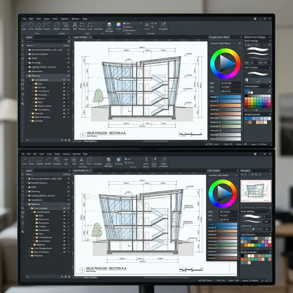 Captura de pantalla fotorrealista de una interfaz de software de diseño digital profesional, mostrando capas organizadas, una rueda cromática compleja y un dibujo técnico de arquitectura digital en proceso.