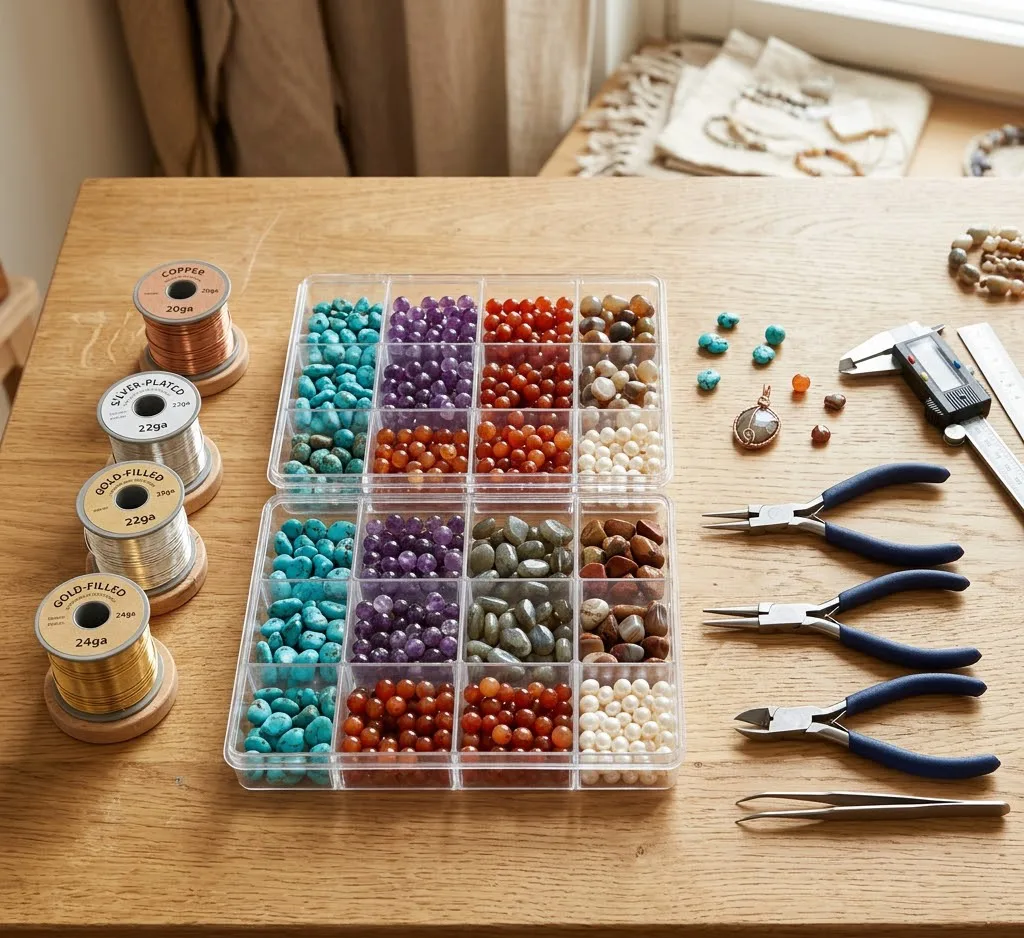 Vista cenital de una mesa de trabajo con organizadores transparentes llenos de cuentas de piedras naturales, carretes de alambre de diferentes calibres y herramientas de acero dispuestas profesionalmente.
