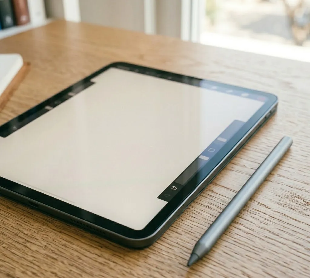 Un primer plano fotorrealista de un iPad Pro Space Gray con un Apple Pencil apoyado perfectamente a la derecha, sobre una superficie de madera de roble texturizada, bañado por luz natural suave.