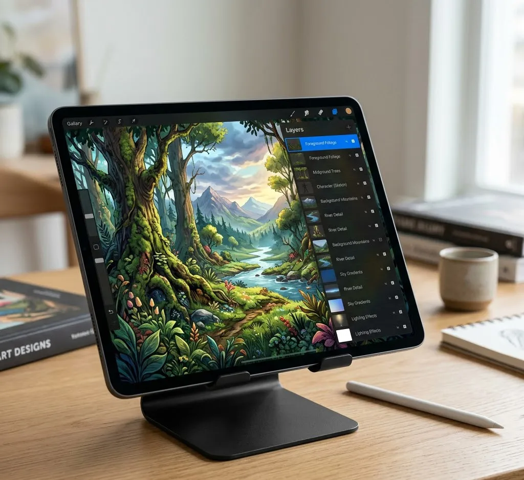 Un iPad Pro de gran tamaño sobre un soporte ergonómico, mostrando una ilustración detallada de un entorno natural con múltiples capas abiertas en Procreate, junto a un Apple Pencil de segunda generación.
