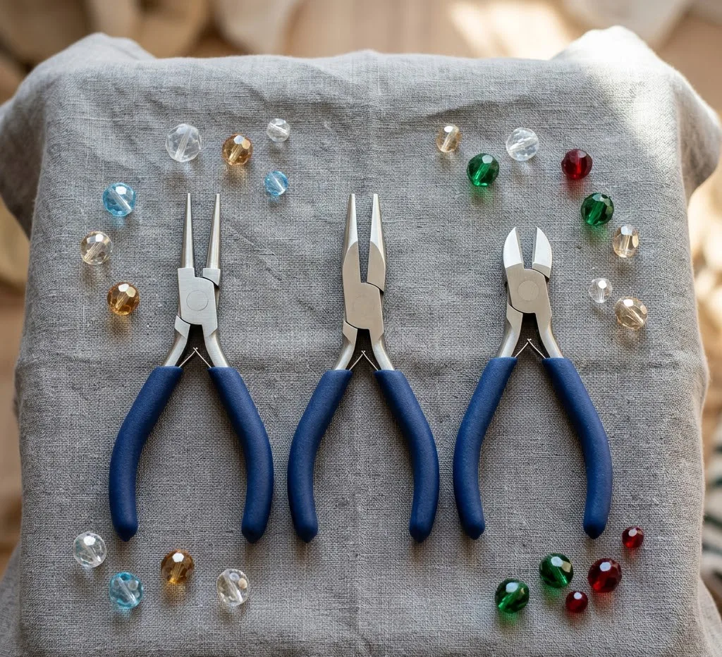 Set de tres pinzas profesionales de joyería (punta plana, redonda y corte) dispuestas simétricamente sobre una tela de lino gris con algunas cuentas de cristal sueltas.