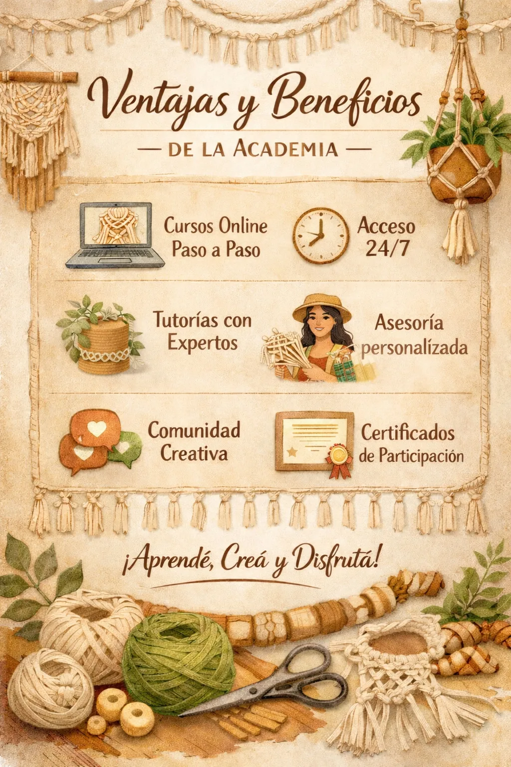 Herramientas y proyectos de macramé sobre mesa de madera con hilos, tejidos decorativos, plantas y accesorios artesanales en ambiente cálido y creativo.