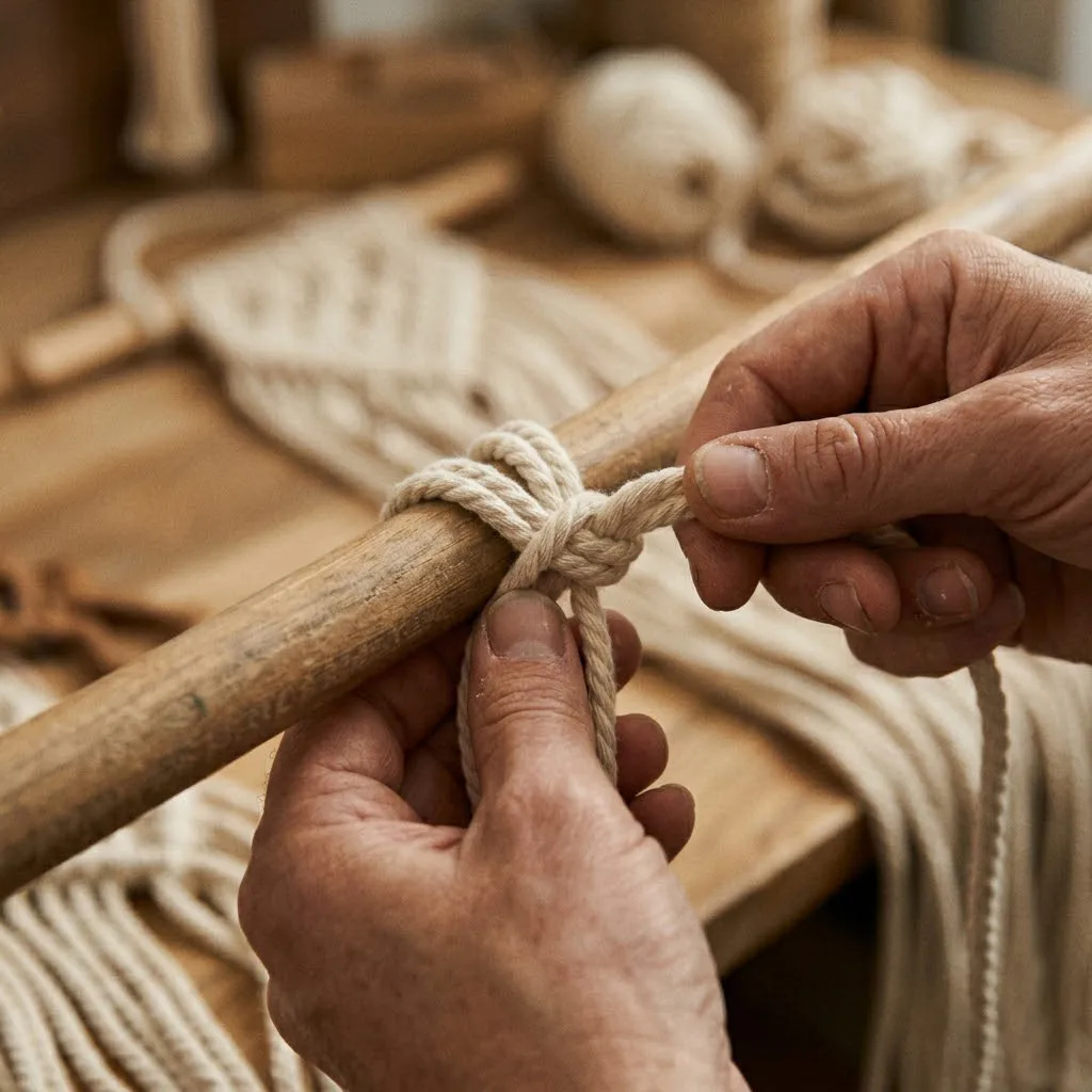Primer plano fotorrealista de unas manos expertas realizando un nudo festón con cuerda de algodón natural sobre un soporte de madera, luz cálida de estudio.