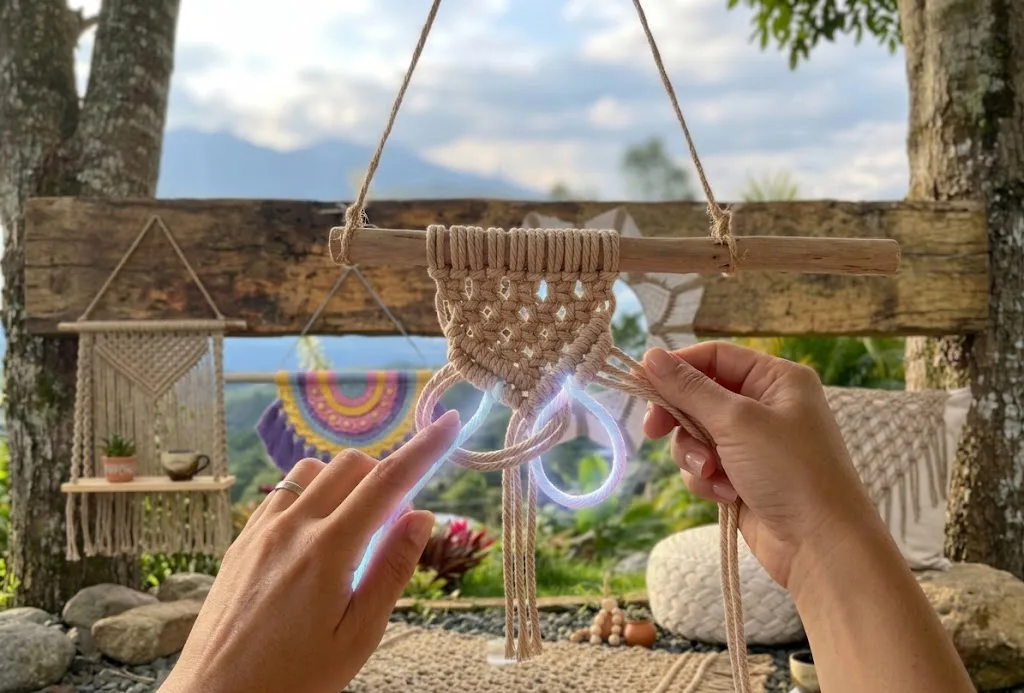 Manos tejiendo un nudo de macramé artesanal en un entorno natural al aire libre, representando la práctica como terapia para la salud mental y meditación activa.