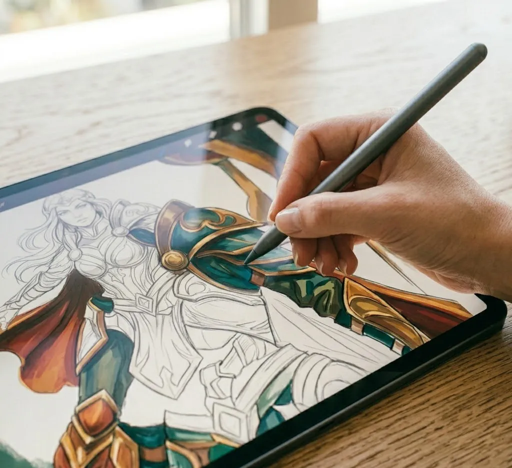 Un primer plano de una mano sosteniendo un stylus gris oscuro dibujando sobre la pantalla de una tableta negra, mostrando un boceto de lineart y bloques de color de un personaje de armadura.