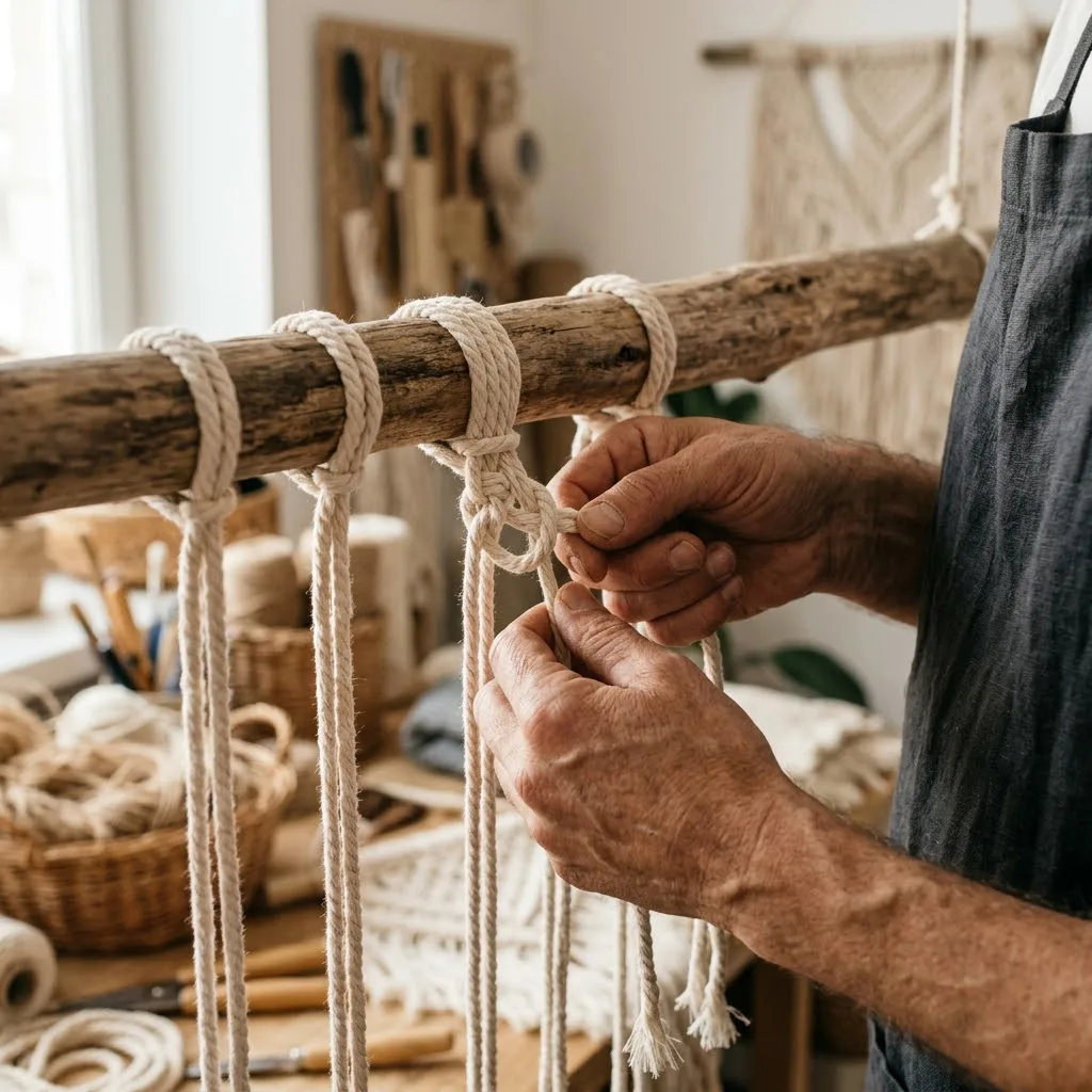 Primer plano fotorrealista de manos de un artesano realizando un nudo festón con cuerda de algodón crudo sobre un soporte de madera natural.